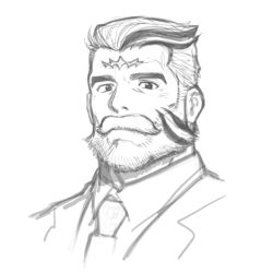Rule 34 | 1boy, bara, beard, collared shirt, doosoo, facial hair, facial mark, forehead mark, full beard, highres, looking at viewer, male focus, mature male, mismatched eyebrows, monochrome, multicolored hair, necktie, portrait, raven arthur (housamo), shirt, simple background, sketch, solo, streaked beard, streaked hair, thick eyebrows, thick mustache, tokyo houkago summoners, white background