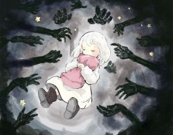 Rule 34 | 1girl, black footwear, boots, child, closed eyes, commentary request, darkness, dress, full body, highres, hugging object, long sleeves, lying, medium hair, multiple hands, on back, original, pillow, pillow hug, star (symbol), white dress, white hair, yubrich