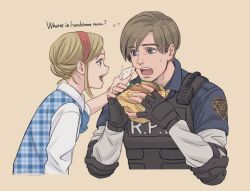 Rule 34 | 1boy, 1girl, black gloves, black vest, blonde hair, blue shirt, blue vest, bulletproof vest, burger, collared shirt, eating, elbow pads, english text, fingerless gloves, food, gloves, hairband, hitsuji merry, holding, holding burger, holding food, holding tissue, leon s. kennedy, long hair, looking at another, open mouth, police, police uniform, red hairband, resident evil, resident evil 2, sherry birkin, shirt, shirt under shirt, short hair, sidelocks, sleeves rolled up, smile, sweatdrop, swept bangs, uniform, upper body, vest, white shirt, wiping mouth, yellow background