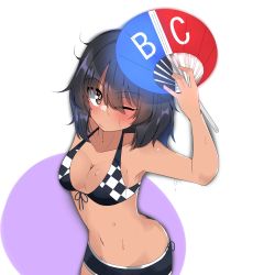Rule 34 | 1girl, absurdres, andou (girls und panzer), arm up, bikini, bikini shorts, black hair, blush, breasts, brown eyes, butt crack, checkered bikini, checkered clothes, closed mouth, commentary, dark-skinned female, dark skin, fanning face, front-tie bikini top, front-tie top, frown, girls und panzer, hand fan, highres, holding, holding fan, kshimu, looking at viewer, lowleg, lowleg shorts, medium breasts, medium hair, messy hair, navel, one-hour drawing challenge, one eye closed, paper fan, shorts, solo, sweat, swimsuit