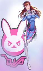 Rule 34 | 1girl, absurdres, acronym, alternate eye color, animal print, armor, blunt bangs, bodysuit, boots, bracer, breasts, breasts apart, brown hair, character name, covered navel, d.va (overwatch), emblem, facepaint, facial mark, full body, gloves, hands up, headphones, heart, heart hands, high collar, highres, legs together, lips, logo, long hair, long sleeves, looking at viewer, medium breasts, murako, overwatch, overwatch 1, parted lips, pauldrons, pilot suit, pink lips, purple eyes, rabbit print, ribbed bodysuit, shoulder armor, shoulder pads, skin tight, smile, solo, standing, standing on one leg, thigh boots, thigh gap, thigh strap, thighhighs, turtleneck, whisker markings, white footwear, white gloves
