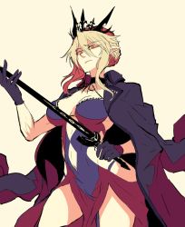 Rule 34 | 1girl, artoria pendragon (alter swimsuit rider) (third ascension) (fate), artoria pendragon (fate), artoria pendragon (lancer alter) (fate), black gloves, blonde hair, breasts, cape, cleavage, clothing cutout, crown, fate/grand order, fate (series), gloves, highres, large breasts, navel, navel cutout, pointy ears, sketch, solo, sword, takatsuki nato, thighs, weapon, yellow eyes