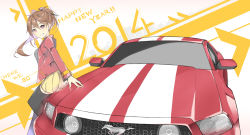 Rule 34 | 10s, 1girl, 2014, beige skirt, black shirt, black thighhighs, brown hair, car, english text, fhang, ford, ford mustang, ford mustang s197, hair between eyes, hair ornament, hairpin, happy new year, head tilt, jacket, leaning on object, long hair, long sleeves, mole, mole under eye, motor vehicle, new year, open clothes, open jacket, original, parted lips, pleated skirt, ponytail, red eyes, red jacket, shirt, skirt, solo, standing, striped, thighhighs, vehicle focus, zettai ryouiki