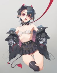 Rule 34 | 1girl, absurdres, bdsm, belt, belt buckle, black hair, black skirt, bra, braid, breasts, buckle, buttons, cameltoe, chain, collar, covered erect nipples, cropped legs, demon tail, fang, grey background, hands in pockets, highres, horns, jacket, leash, microskirt, open clothes, open jacket, open mouth, original, panties, pearl thong, pleated skirt, pointy ears, red eyes, short hair, single braid, skindentation, skirt, slave, small breasts, solo, tail, torn clothes, torn legwear, underwear, zzzearly