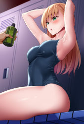 Rule 34 | 1boy, 1girl, :o, absurdres, armpits, arms up, blue one-piece swimsuit, blush, breasts, brown hair, green eyes, highres, huyumitsu, large breasts, locker, locker room, long hair, one-piece swimsuit, original, parted lips, sitting, solo focus, swimsuit, thighs