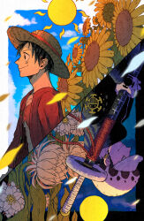 Rule 34 | 2boys, black coat, coat, day and night, earrings, epiphyllum, flower, from side, fur hat, hand tattoo, hat, highres, holding, holding sheath, holding weapon, jewelry, male focus, monkey d. luffy, moon, multiple boys, one piece, open clothes, open shirt, petals, purana7878, red shirt, rotational symmetry, sheath, sheathed, shirt, short hair, smile, straw hat, sun, sunflower, sword, symbolism, tattoo, trafalgar law, weapon, white flower, yellow eyes
