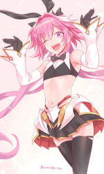 Rule 34 | 1boy, animal ears, astolfo (fate), astolfo (saber) (fate), black bow, black gloves, black ribbon, black thighhighs, blush, bow, bowtie, fake animal ears, fate/apocrypha, fate/grand order, fate (series), gloves, hair bow, hair intakes, hair ribbon, highres, iwanaga tm, long hair, looking at viewer, male focus, multicolored hair, one eye closed, open mouth, pink background, pink hair, purple eyes, rabbit ears, rabbit pose, ribbon, signature, simple background, skirt, smile, solo, streaked hair, thighhighs, trap, twintails, white hair