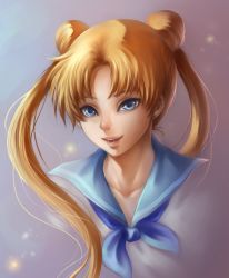 Rule 34 | 1990s (style), 1girl, bad id, bad pixiv id, bishoujo senshi sailor moon, blonde hair, blue background, blue bow, blue eyes, blue sailor collar, bow, double bun, goko163, gradient background, hair bun, long hair, open mouth, parted bangs, retro artstyle, sailor collar, smile, solo, tsukino usagi, twintails, upper body