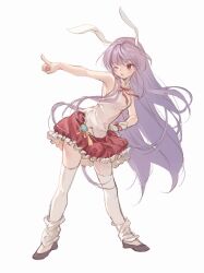 Rule 34 | 1girl, 80isiiii, ;o, animal ears, black footwear, blush, frilled skirt, frills, full body, highres, layered clothes, long hair, looking afar, one eye closed, open mouth, pointing, purple hair, rabbit ears, rabbit girl, red eyes, red skirt, reisen udongein inaba, shirt, shoes, simple background, skirt, sleeveless, sleeveless shirt, socks, solo, thighhighs, touhou, very long hair, white background, white shirt, white socks, white thighhighs