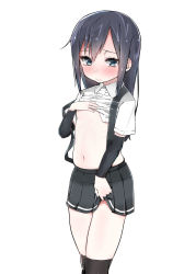 Rule 34 | 10s, 1girl, absurdres, asashio (kancolle), bad id, bad pixiv id, black hair, blue eyes, blush, clothes lift, highres, kantai collection, long hair, looking at viewer, midriff, mitsudoue, navel, school uniform, shirt lift, simple background, skirt, solo, suspenders, wavy mouth, white background