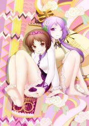 Rule 34 | 2girls, back-to-back, bare legs, barefoot, biwa lute, brown eyes, brown hair, commentary request, den taku, dress, floral background, flower, grin, hair flower, hair ornament, hairband, instrument, leaning on person, light purple hair, long hair, long sleeves, lute (instrument), miniskirt, multicolored background, multiple girls, one eye closed, parted lips, ponytail, purple eyes, short hair, siblings, sisters, skirt, skirt hold, smile, touhou, tsukumo benben, tsukumo yatsuhashi