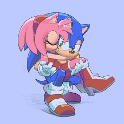 Rule 34 | 1boy, 1girl, amy rose, animal ears, blue fur, boots, carrying, closed eyes, dress, furry, furry female, furry male, gloves, green eyes, grey background, highres, light smile, looking at another, pink fur, princess carry, red dress, red footwear, shira-hedgie, shoes, simple background, sleeveless, sleeveless dress, sonic (series), sonic the hedgehog, squatting, tail, two-tone footwear, white footwear, white gloves