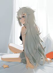 Rule 34 | 1girl, absurdres, blue eyes, closed mouth, dolphin shorts, full body, girls&#039; frontline, grey hair, grey shorts, hair ornament, highres, hinami047, long hair, looking at viewer, looking back, ots-12 (girls&#039; frontline), shorts, sitting, solo, star (symbol), star hair ornament