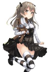 Rule 34 | 10s, 1girl, 2drr, absurdres, ass, blush, boko (girls und panzer), breasts, brown eyes, girls und panzer, highres, looking at viewer, shimada arisu, simple background, skirt, small breasts, solo, striped clothes, striped thighhighs, thighhighs, white background, white hair
