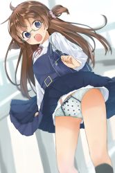 Rule 34 | 1girl, absurdres, ahoge, amemiya sekira, bag, black socks, blue dress, blurry, blurry background, blurry foreground, blush, bow, bow panties, brown hair, collared shirt, commentary request, depth of field, dress, dutch angle, glasses, green-framed eyewear, hair ornament, hair scrunchie, highres, kneehighs, long hair, long sleeves, looking at viewer, neck ribbon, open mouth, original, panties, pinafore dress, pink scrunchie, print panties, purple eyes, red ribbon, ribbon, school bag, scrunchie, sekira ame, semi-rimless eyewear, shirt, sleeveless, sleeveless dress, socks, solo, sweat, two side up, under-rim eyewear, underwear, very long hair, white panties, white shirt, wind, wind lift