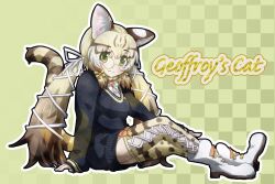 Rule 34 | 1girl, animal ears, aoi5742, boots, bow, bowtie, cardigan, cat ears, cat girl, cat tail, extra ears, geoffroy&#039;s cat (kemono friends), glasses, green eyes, grey hair, kemono friends, kemono friends v project, kneehighs, long hair, looking at viewer, microphone, ribbon, shirt, simple background, socks, solo, tail, twintails, virtual youtuber