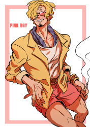 Rule 34 | 1boy, absurdres, belt, blonde hair, border, cigarette, curly eyebrows, english text, facial hair, goatee, hair over one eye, highres, holding, holding cigarette, jacket, jewelry, leg hair, looking at viewer, male focus, official alternate costume, one piece, one piece film: red, pink shorts, rita ya, sanji (one piece), shirt, short hair, short shorts, shorts, smile, smoke, sunglasses, teeth, wavy hair, white background, white shirt, yellow jacket
