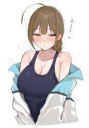 Rule 34 | 1girl, absurdres, ahoge, bare shoulders, blue jacket, blue one-piece swimsuit, blush, braid, braided ponytail, breasts, brown eyes, brown hair, cleavage, collarbone, commentary request, half-closed eyes, heart, highres, idolmaster, idolmaster shiny colors, jacket, kobinbin, kuwayama chiyuki, large breasts, long hair, looking at viewer, multicolored clothes, multicolored jacket, off shoulder, one-piece swimsuit, open clothes, open jacket, ponytail, simple background, single braid, solo, sweat, swimsuit, swimsuit under clothes, two-tone jacket, upper body, white background, white jacket
