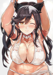 Rule 34 | 1girl, ;), animal ears, armpits, arms up, atago (azur lane), azur lane, bare shoulders, bikini, black hair, blush, breasts, brown eyes, cleavage, closed mouth, collarbone, hair between eyes, hair ornament, himuro shunsuke, large breasts, long hair, looking at viewer, mole, mole under eye, navel, one eye closed, simple background, smile, solo, stomach, swimsuit, upper body, white background, white bikini
