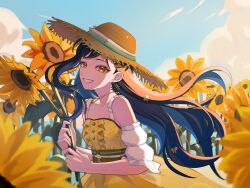 Rule 34 | 1girl, black hair, butterfly hair ornament, buttons, cloud, commentary, detached sleeves, earrings, english commentary, field, flower, flower field, hair ornament, hat, highres, holding, holding flower, jewelry, leaf, long hair, looking at viewer, necklace, official alternate costume, orange eyes, outdoors, project sekai, shiraishi an, smile, solo, sun hat, sunflower, sunflower earring, sunflower field, teeth, the vivid old tale (project sekai), upper body, yk62