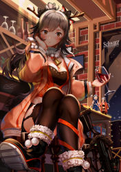 Rule 34 | 1girl, animal ears, arknights, asc11, black footwear, black hair, black thighhighs, blush, boots, bow (weapon), breasts, brown eyes, cat ears, ceylon (arknights), character doll, christmas, cleavage, closed mouth, compound bow, crossbow, crossed legs, cup, drinking glass, elbow rest, fake antlers, fur-trimmed boots, fur trim, gloves, head rest, highres, holding, holding cup, large breasts, long hair, looking at viewer, official alternate costume, schwarz (arknights), schwarz (presents) (arknights), sidelocks, sitting, solo, thighhighs, turtleneck, very long hair, weapon