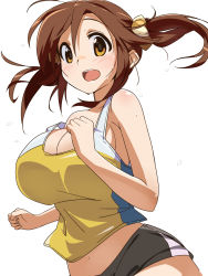 Rule 34 | 10s, 1girl, :d, blush, breasts, brown eyes, brown hair, cleavage, hair ornament, highres, huge breasts, idolmaster, idolmaster cinderella girls, jogging, looking at viewer, navel, open mouth, pu-chin, smile, solo, tank top, totoki airi, twintails