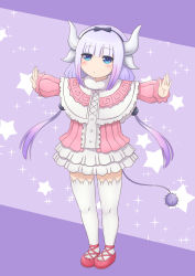 Rule 34 | 10s, 1girl, absurdres, blue eyes, capelet, dragon girl, dragon horns, dragon tail, hair bobbles, hair ornament, hairband, highres, horns, kanna kamui, kobayashi-san chi no maidragon, long hair, looking at viewer, low twintails, mary janes, outstretched arms, shoes, silver hair, solo, spread arms, tail, thighhighs, twintails, white thighhighs, yuki7128, zettai ryouiki