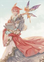 Rule 34 | 1boy, 1other, book, cloak, crossed arms, crystal exarch, fairy wings, feo ul, final fantasy, final fantasy xiv, g&#039;raha tia, highres, holding, holding book, hood, hooded cloak, long hair, looking at viewer, material growth, miqo&#039;te, pixie (ff14), red eyes, red hair, short hair, smile, tladpwl03, wings