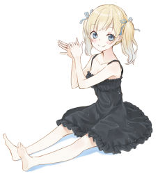 1girl bare_legs barefoot blonde_hair blue_eyes blush dress female_focus hair_ribbon long_hair maigoyaki original ribbon sitting smile solo twintails