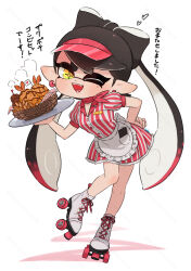 Rule 34 | 1girl, apron, basket, black hair, bow-shaped hair, callie (splatoon), colored tips, commentary request, coula cat, dress, earrings, food, full body, hat, heart, highres, holding, holding plate, hoop earrings, inkling, jewelry, long hair, mole, mole under eye, multicolored hair, nintendo, one eye closed, open mouth, plate, pointy ears, red hair, red hat, roller skates, shrimp, shrimp tempura, simple background, skates, smile, solo, splatoon (series), star-shaped pupils, star (symbol), steam, striped clothes, striped dress, symbol-shaped pupils, teeth, tempura, tentacle hair, thick eyebrows, translation request, two-tone hair, visor cap, waitress, white background, yellow eyes, yellow pupils
