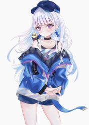 Rule 34 | 1girl, animal, animal on shoulder, bare shoulders, baseball cap, bird, bird on shoulder, black choker, blue hair, blue jacket, blush, choker, contrapposto, cowboy shot, hat, highres, hood, hoodie, jacket, lize helesta, lize helesta (8th costume), lize helesta (9th costume), long hair, long sleeves, looking at viewer, ma sha ma, multicolored hair, nijisanji, off shoulder, open clothes, open jacket, purple eyes, sebastian piyodore, shirt, shoes, simple background, sleeveless, sleeveless shirt, sleeves past wrists, sneakers, socks, solo, standing, stretching, two side up, virtual youtuber, white background, white hair, white shirt