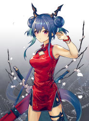 Rule 34 | 1girl, arknights, armpits, bare arms, bare shoulders, bead bracelet, beads, black shorts, blue hair, bracelet, breasts, ch&#039;en (ageless afterglow) (arknights), ch&#039;en (arknights), china dress, chinese clothes, cleavage cutout, clothing cutout, commentary request, cowboy shot, double bun, dragon horns, dragon tail, dress, gradient background, grey background, hair bun, hand up, horns, jewelry, long hair, looking at viewer, medium breasts, official alternate costume, pink eyes, red dress, short shorts, shorts, sidelocks, sleeveless, sleeveless dress, solo, standing, tail, thighs, yoruhachi