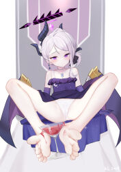 Rule 34 | 1girl, asymmetrical horns, bare legs, bare shoulders, barefoot, blue archive, blush, chinese commentary, closed mouth, cocktail, cocktail glass, commentary request, cup, demon girl, demon horns, dress, drinking glass, earrings, elbow gloves, flat chest, foreshortening, gloves, halo, highres, hina (blue archive), hina (dress) (blue archive), horns, jewelry, kalun (fwme3378), necklace, no shoes, official alternate costume, paid reward available, panties, pearl necklace, pendant, purple dress, purple eyes, purple gloves, purple halo, sitting, soles, solo, spread legs, strapless, strapless dress, toes, underwear, white panties