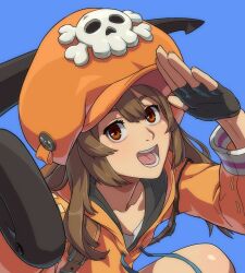 Rule 34 | 1girl, absurdres, anchor, black gloves, brown eyes, brown hair, fingerless gloves, gloves, guilty gear, hat ornament, highres, holding, holding anchor, hood, hoodie, jacket, looking at viewer, may (guilty gear), orange headwear, orange hoodie, orange jacket, orange shirt, shirt, skull and crossbones, skull hat ornament, smile, solo, turoboto