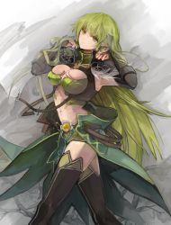 Rule 34 | 1girl, bad id, bad pixiv id, black thighhighs, breasts, buckle, dress, elsword, expressionless, green eyes, green hair, grey background, large breasts, long hair, matching hair/eyes, midriff, nameco, navel, night watcher (elsword), rena erindel, skindentation, solo, thighhighs