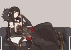 Rule 34 | &gt;:), 1girl, bad id, bad pixiv id, black dress, blush, breasts, bridal gauntlets, brown background, brown hair, cleavage, closed mouth, commentary request, couch, dress, fate/apocrypha, fate (series), fur trim, gold trim, highres, large breasts, long hair, looking at viewer, looking to the side, mikoto (oi plus), pillow, pointy ears, reclining, semiramis (fate), simple background, smile, solo, strapless, strapless dress, v-shaped eyebrows, very long hair, yellow eyes