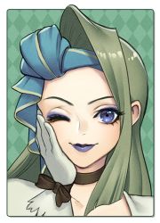 Rule 34 | 1girl, blue eyes, choker, closed mouth, final fantasy, final fantasy ix, gloves, green hair, lipstick, long hair, looking at viewer, makeup, one eye closed, ruby (ff9), smile, solo, uboar