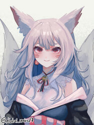 Rule 34 | 1girl, absurdres, animal ear fluff, animal ears, bell, black kimono, black ribbon, blush, breasts, closed mouth, commentary, earrings, facial mark, fox ears, fox girl, fox tail, grey hair, grey tail, highres, japanese clothes, jewelry, jingle bell, kimono, long hair, long sleeves, looking at viewer, mabs (mmamabs), medium breasts, mole, mole under eye, multiple tails, neck bell, neck ribbon, nijisanji, nijisanji en, nina kosaka, obi, off shoulder, portrait, red eyes, red ribbon, ribbon, sash, smile, solo, tail, twitter username, upper body, virtual youtuber, whisker markings, white background