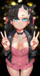 Rule 34 | 1girl, asymmetrical bangs, black choker, black hair, black jacket, blue eyes, blurry, blurry background, blush, breasts, choker, closed mouth, collarbone, cowboy shot, creatures (company), depth of field, double v, downblouse, dress, earrings, expressionless, female focus, forehead, game freak, hair ribbon, hands up, jacket, jewelry, light blush, long sleeves, looking at viewer, marnie (pokemon), medium breasts, multicolored hair, nintendo, open clothes, open jacket, pingqiong xiansheng, pink dress, pokemon, pokemon swsh, red ribbon, ribbon, shiny skin, short dress, single earring, solo, standing, straight-on, twintails, two-tone hair, undercut, v, white hair