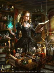 Rule 34 | 1girl, 2014, black dress, book, book stack, bookshelf, bottle, box, candle, candlestand, chalice, choker, copyright name, cup, dagger, dated, dress, earrings, globe, hair ornament, hourglass, indoors, inkwell, jewelry, knife, laura sava, legend of the cryptids, magic, official art, open book, pestle, quill, realistic, scroll, skull, solo, standing, table, watermark, weapon, window