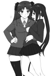 Rule 34 | 00s, 2girls, black hair, blush, bulge, cosplay, costume switch, crossover, fate/stay night, fate (series), female focus, greyscale, hair ribbon, hand on own hip, hip focus, k-on!, long hair, long sleeves, miniskirt, monochrome, multiple girls, nakano azusa, pleated skirt, ribbon, school uniform, shichimenchou, simple background, skindentation, skirt, standing, thighhighs, tohsaka rin, twintails, two side up, white background, yuri, zettai ryouiki