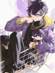Rule 34 | 1boy, animal ears, balloon, belt, black hair, black pants, black sweater, blush, chain, character doll, dog boy, dog ears, hugging doll, earrings, highres, holding, holding stuffed toy, indie virtual youtuber, jacket, jewelry, long sleeves, looking at viewer, male focus, necklace, hugging object, open clothes, open jacket, pants, purple eyes, purple jacket, shopping cart, short hair, shoto (vtuber), smile, stuffed toy, sweater, virtual youtuber, xiaojiaju