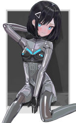 Rule 34 | 1girl, absurdres, arm behind head, black hair, blue eyes, blush, bodysuit, breasts, commentary, embarrassed, english commentary, hair ornament, hairclip, highres, latex, latex bodysuit, looking at viewer, original, saaal653, shiny clothes, short hair, sitting, skin tight, small breasts, solo