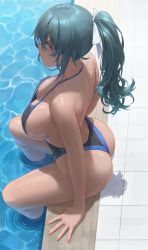 Rule 34 | 1girl, absurdres, aqua hair, ass, backless swimsuit, bare shoulders, breasts, free style (yohan1754), from above, from side, hair ribbon, highres, large breasts, long hair, looking at viewer, looking to the side, one-piece swimsuit, original, ponytail, pool, poolside, red eyes, ribbon, sideboob, sitting, soaking feet, solo, strap gap, swimsuit, thighs, water, white ribbon