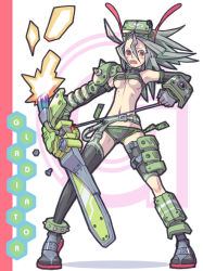 Rule 34 | 1girl, asymmetrical clothes, bare shoulders, blush stickers, breasts, chainsaw, elbow gloves, gloves, green hair, medium breasts, negishi hideto, original, panties, red eyes, single thighhigh, solo, thighhighs, underboob, underwear