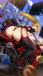 Rule 34 | 1girl, absurdres, ass, ball, bikini, billiard ball, black bikini, black thighhighs, blonde hair, blue eyes, boots, breasts, cluseller, commentary request, cue stick, from behind, grin, high heels, highres, large breasts, long hair, looking at viewer, looking back, motor vehicle, motorcycle, sharp teeth, side ponytail, skindentation, smile, solo, strip pool, swimsuit, teeth, thick thighs, thigh boots, thighhighs, thighs