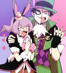 Rule 34 | 1boy, 1girl, ace attorney, angry, animal ears, ascot, betty de famme, black gloves, black hair, black jacket, blush, candy, candy cane, closed eyes, fake animal ears, fingerless gloves, food, gloves, hand on another&#039;s shoulder, hat, heart, holding, jacket, manov mistree, mask, minashirazu, mini hat, mini top hat, open mouth, pants, pantyhose, phoenix wright: ace attorney - spirit of justice, purple hair, rabbit ears, rabbit tail, shirt, short hair, smile, sparkle, standing, tail, top hat, white ascot, wrist cuffs