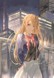 Rule 34 | 1girl, against railing, arms behind back, black vest, blonde hair, blue jacket, bow, bowtie, building, closed mouth, collared shirt, commentary, cropped jacket, floating hair, grey skirt, hair between eyes, highres, hoshino ruby, jacket, long hair, long sleeves, looking at viewer, mismatched pupils, night, night sky, one side up, open clothes, open jacket, oshi no ko, outdoors, pink bow, pink bowtie, pink eyes, railing, school uniform, shirt, sidelocks, skirt, sky, smile, solo, sparkle, star-shaped pupils, star (sky), star (symbol), starry sky, symbol-shaped pupils, twitter username, vest, white shirt, youtou high school uniform, ytk nina x