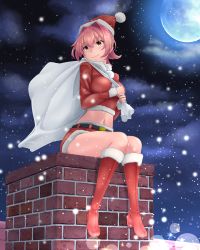 Rule 34 | 1girl, backlighting, belt, blush, boots, carrying over shoulder, chimney, christmas, closed mouth, cloud, cloudy sky, full body, full moon, fur-trimmed boots, fur-trimmed sleeves, fur trim, hair between eyes, hair intakes, hat, highres, kantai collection, kinu (kancolle), knee boots, kyou (tr-6), long sleeves, moon, motion blur, navel, night, night sky, over shoulder, pink hair, red eyes, red footwear, red hat, red shirt, red shorts, sack, santa hat, shirt, short hair, shorts, sitting, sky, smile, snowing, solo, stomach, thighs