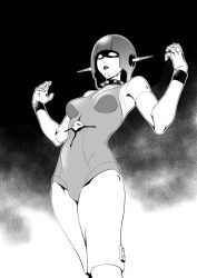 Rule 34 | 1girl, aoki kanji, breasts, collar, commentary request, greyscale, helmet, joints, leotard, mannakka, medium breasts, monochrome, ougon senshi gold lightan, parted lips, robot, robot joints, solo, spiked collar, spikes, wristband